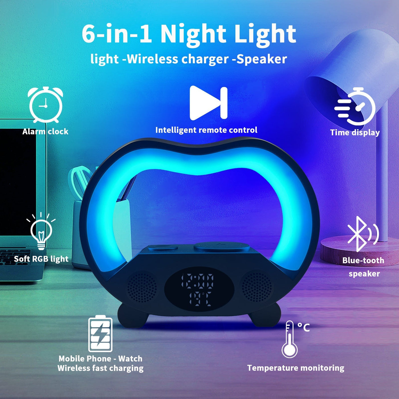 Smart LED Lamp with Bluetooth Speaker & Wireless Charger"